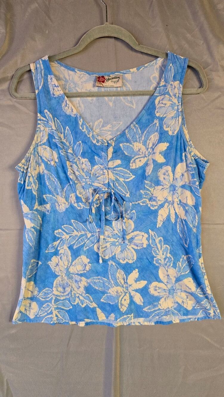 Hilo Hattie Tank Top Womens Large Blue Floral V Neck Tie Front Made Hawaii
